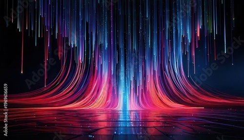 어두운 검은색 배경 위로 화려하게 쏟아져 내리는 다채로운 네온 컬러의 광섬유 빛줄기와 디지털 데이터의 흐름을 시각적으로 형상화한 추상적인 미래 지향적 배경 이미지로 기술과 에너지의 역동적인 움직임을 아름답게 표현합니다.