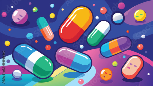 Colorful capsules and pills in a bright design with patterns and shapes on a dark background create a lively scene during daytime
