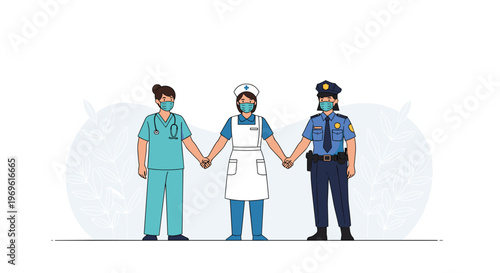 Healthcare workers and a police officer wearing protective masks and holding hands to symbolize unity and essential support.