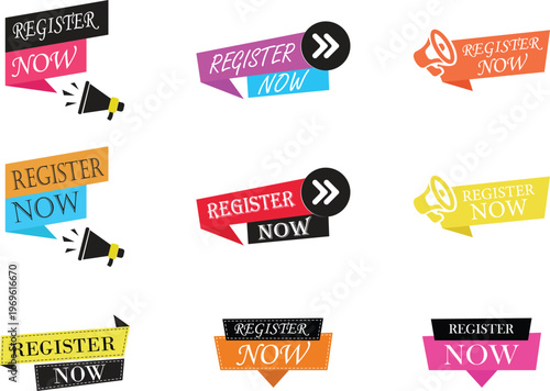 Register now icon set collection group featuring signup button symbol user account creation interface web app ui click join form registration digital access design flat modern concept.