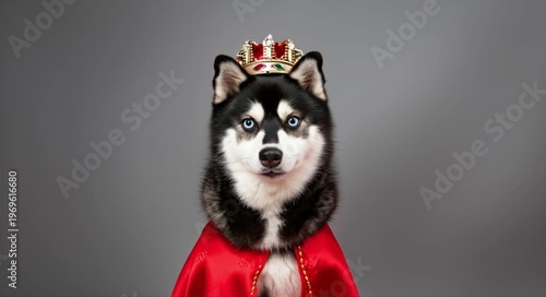 Majestic husky dog adorned in a royal crown and red cape, exuding regal presence.