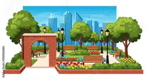 A vibrant city park scene with a brick archway and skyline view