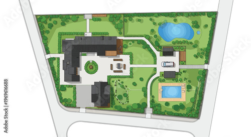 Architectural plan depicting a luxurious estate with gardens and swimming pools