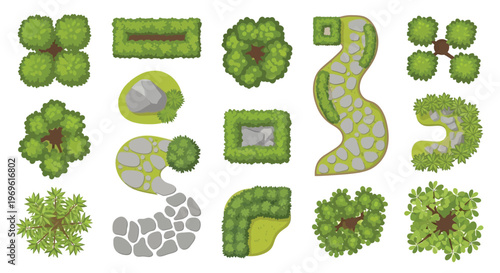 Aerial view of various green trees shrubs and stone pathways