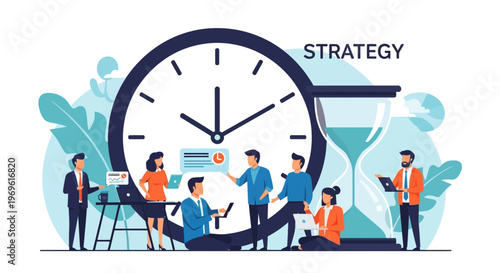 Business team collaborating around a clock and hourglass for strategy planning.