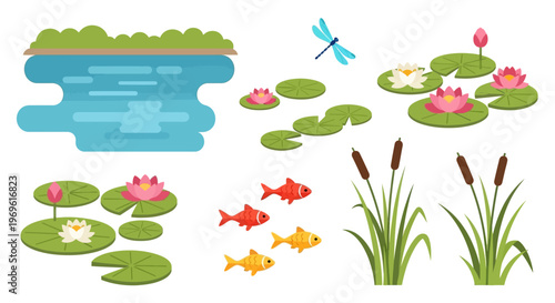 A colorful pond scene featuring fish dragonflies and lotus flowers