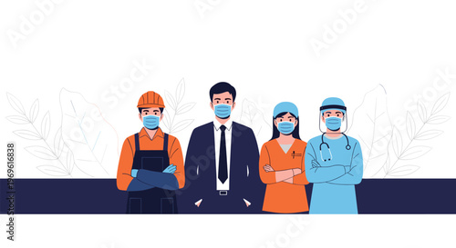 Diverse group of frontline and essential professionals wearing protective face masks to show unity during a health crisis.