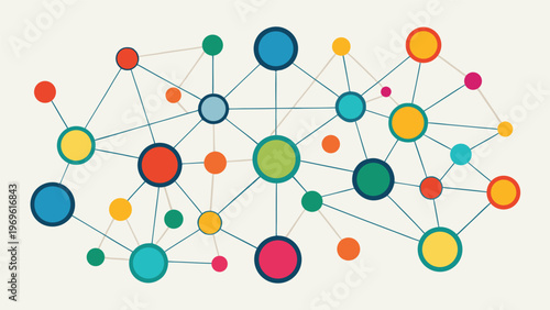 Data visualization shows connections between various nodes in a network layout with circles in different colors representing data points