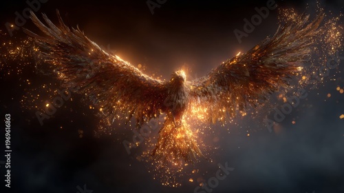 Fiery phoenix with outstretched wings made of shimmering flames and sparks, set against a dark background, symbolizing rebirth and transformation in a mythical context