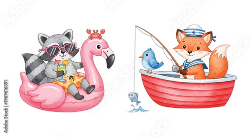 Cute animals enjoying summer raccoon flamingo fox and birds at sea