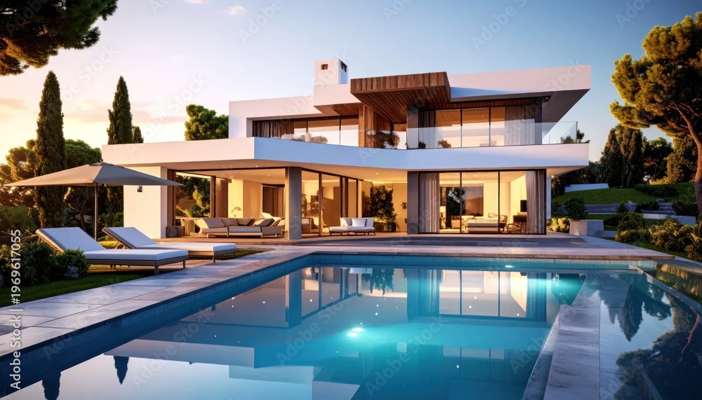 Fototapeta premium Modern, luxurious villa with pool and surrounding lush greenery under a warm, sunny sky