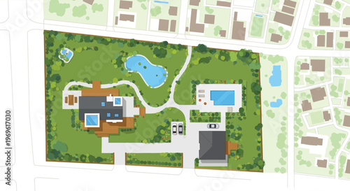 Aerial view of a luxurious estate with a pool and landscaped grounds