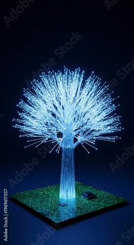 Glowing blue tree sculpture on base.