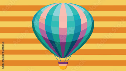 Colorful hot air balloon floats against a striped background in a cheerful setting during the day