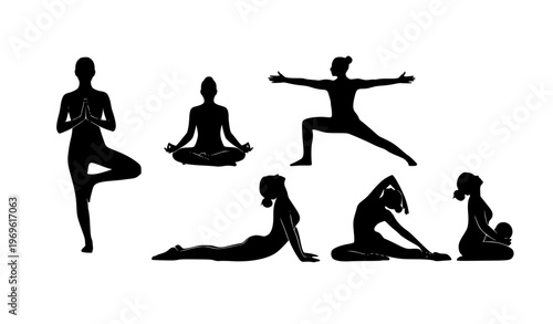 Minimal yoga silhouette vector collection with meditation and stretching poses on white background