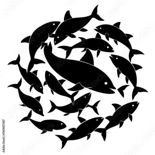 A circular formation of fish swimming in synchronized patterns Vector