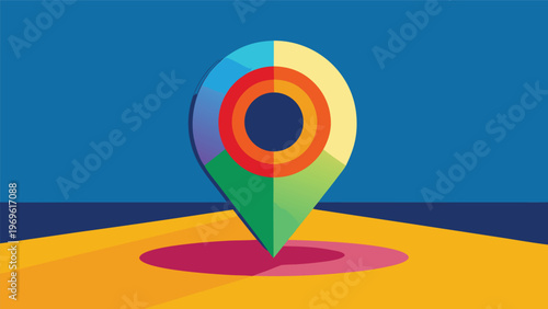 Colorful map pin symbol on a background with blue sky and yellow ground showing a location with vibrant design elements