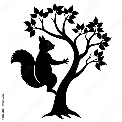 A curious squirrel climbing a leafy tree in black and white Vector
