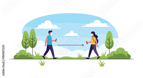 Man and woman wearing face masks while walking in a park with an arrow indicating required social distancing between them.