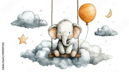 Cute elephant sitting on a swing among fluffy clouds, holding a balloon, with a star, crescent moon, and additional clouds in a whimsical illustration