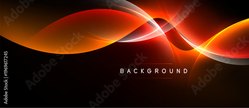 Abstract design features vibrant orange, red curves against black backdrop. Dynamic lines create flowing, modern visual impact.
