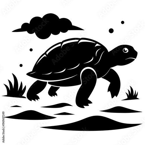 A turtle walking on the ground near a flying bird silhouette Vector
