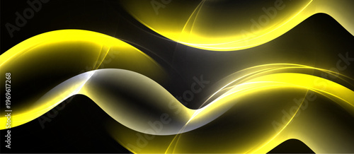 Abstract yellow, white lines flow across black background. Smooth curves create dynamic visual effect. Brightness contrasts sharply.