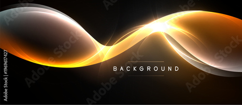 Abstract waves, golden light, dark background. Elegant design, smooth curves, bright center point. Modern aesthetic, dynamic flow.