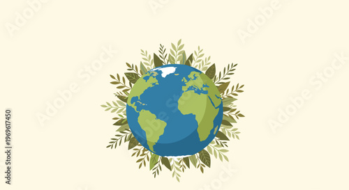 Planet earth globe nestled in a wreath of diverse green leaves and foliage representing environmental care and ecology.