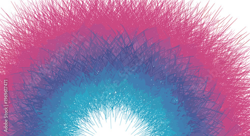 Vibrant abstract rainbow composed of dense colorful line textures in shades of pink, purple, blue, and cyan on a white background.