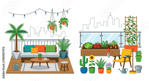 A vibrant and cozy balcony garden with plants furniture and city view