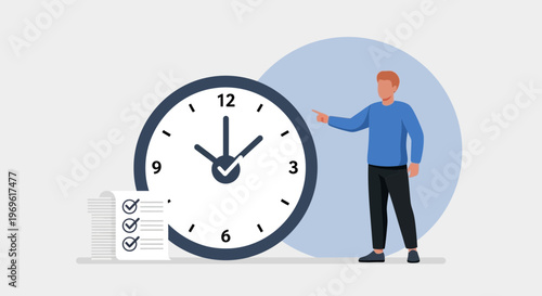 Man points at large clock with checklist symbolizing time management.