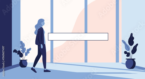 Silhouette of a professional woman walking through a modern office building lobby with large windows and potted plants.