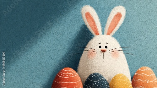 Illustration of a cute white bunny with pink ears sitting in front of colorful decorated Easter eggs against a blue background, conveying a festive theme