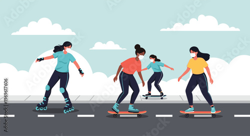 Group of active young women wearing masks while roller skating and skateboarding on a city street under a cloudy sky.