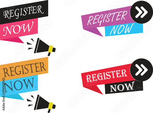 Register now icon set collection group featuring signup button symbol user account creation interface web app ui click join form registration digital access design flat modern concept.