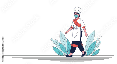 Professional female chef wearing a white uniform and protective face mask while walking past decorative blue plants.
