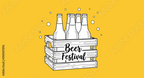 Line art illustration of glass beer bottles in a wooden crate with a beer festival label on a bright yellow background.