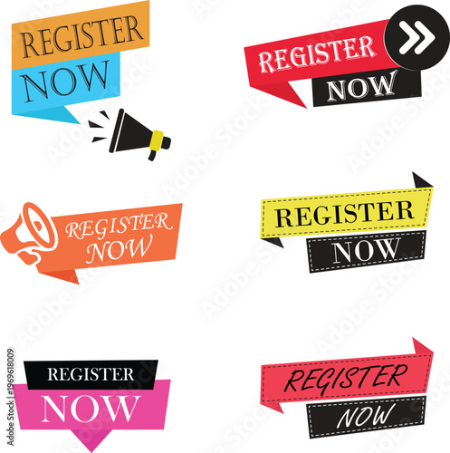 Register now icon set collection group featuring signup button symbol user account creation interface web app ui click join form registration digital access design flat modern concept.