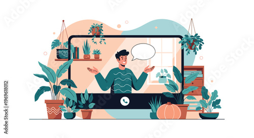 Young man gesturing and talking during a virtual video call on a screen in a room decorated with many green houseplants.