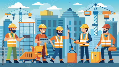 Construction workers collaborate on a busy site while buildings rise and cranes operate under a clear sky