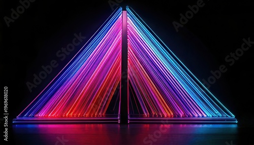 어두운 검은색 배경 위에서 화려하게 빛나는 핑크색과 파란색 그리고 주황색의 네온 조명 라인들이 완벽한 대칭을 이루며 거대한 삼각형 구조를 형성하는 현대적인 디지털 추상 예술 배경 이미지.