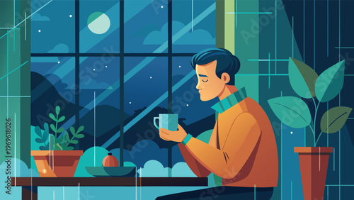 Man sits by window with mug during rain at night in cozy room with plants and view of mountains and moon