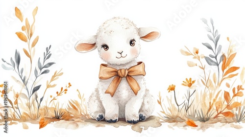 Cute watercolor illustration of a fluffy white lamb with a brown bow sitting among autumn foliage and flowers in soft pastel colors
