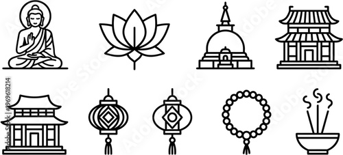 Buddhist Line Icon Set with Buddha Lotus Temple Lantern and Spiritual Symbols Minimal Vector