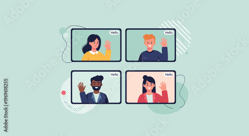 Group of four diverse friends waving hello to each other during a virtual social meeting on their computer screens.