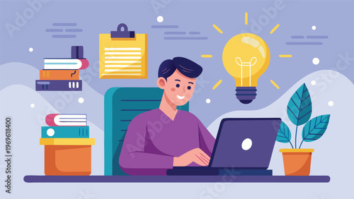 Man works on laptop at desk with books, clipboard, and plant during day in a modern workspace