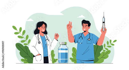 Cheerful healthcare professionals standing by a large vaccine bottle and holding a syringe to promote vaccination programs.