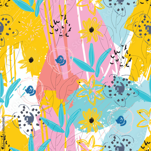 This vibrant seamless pattern features a playful mix of hand drawn flowers, leaves, and abstract shapes, creating a cheerful and artistic design perfect for spring themed projects