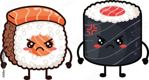 Cute sushi emoji characters, angry salmon nigiri and maki roll cartoon food mascots with funny expressions, vector illustration for stickers